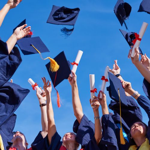 Graduating students throwing their graduation caps in the air and holding up their diplomas