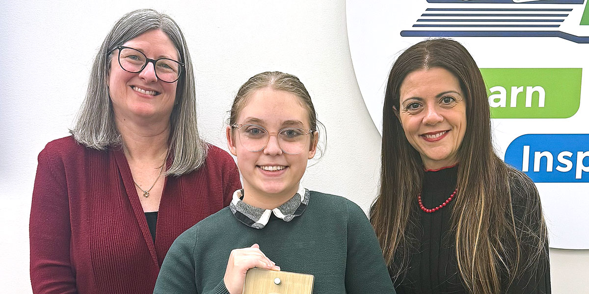 Pauline Johnson Collegiate and Vocational School student Evelyn Waldron received a Learn Lead Inspire Award from Board Chair Susan Gibson and the Director of Education JoAnna Roberto on Dec. 9.