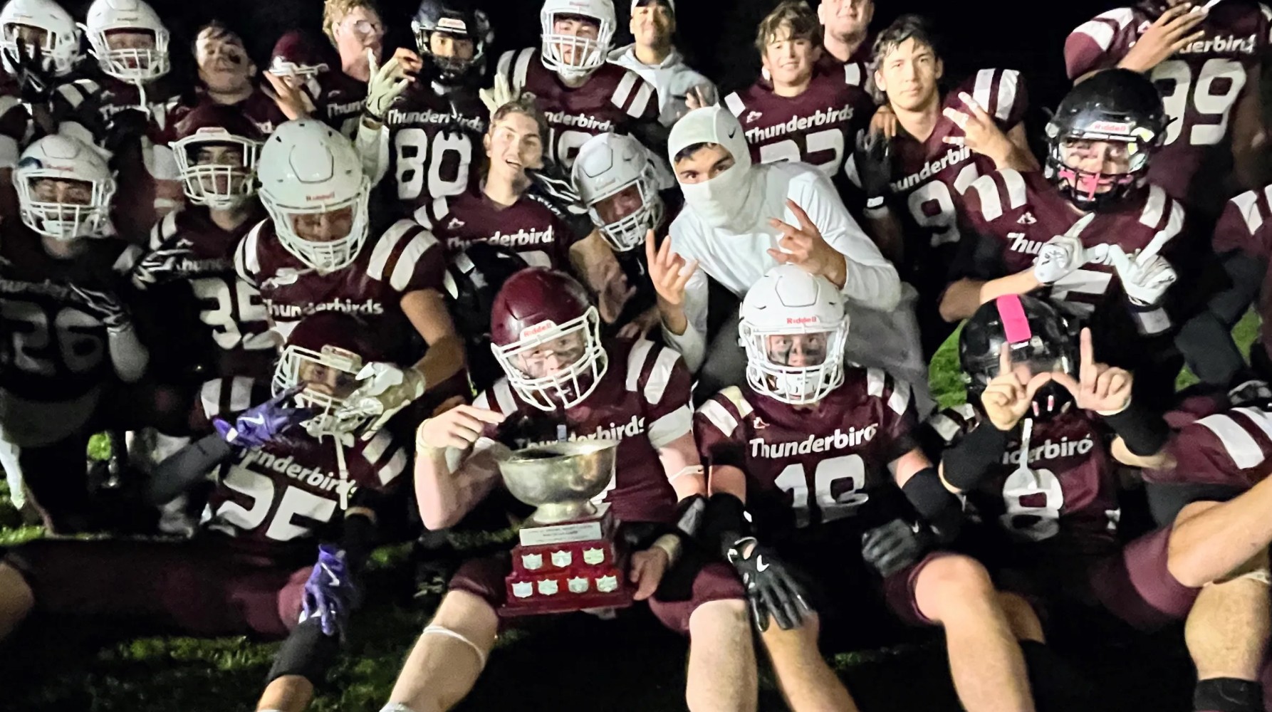Pauline Johnson Thunderbirds celebrate a 34-14 victory at Delhi's Friday Night Lights contest Oct. 9 Pauline Johnson Thunderbirds celebrate a 34-14 victory at Delhi's Friday Night Lights contest Oct. 9