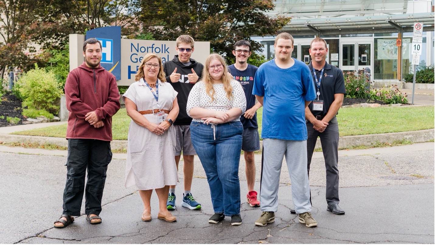 Project SEARCH interns Left to right: Project SEARCH intern Connor Snively; Kerri Emberlin, Business Liaison; Project SEARCH interns Liam MacKenzie, Jennifer Penner, Collin Colibaba and Harley Shannon; and Ryan Nightingale, Grand Erie teacher.