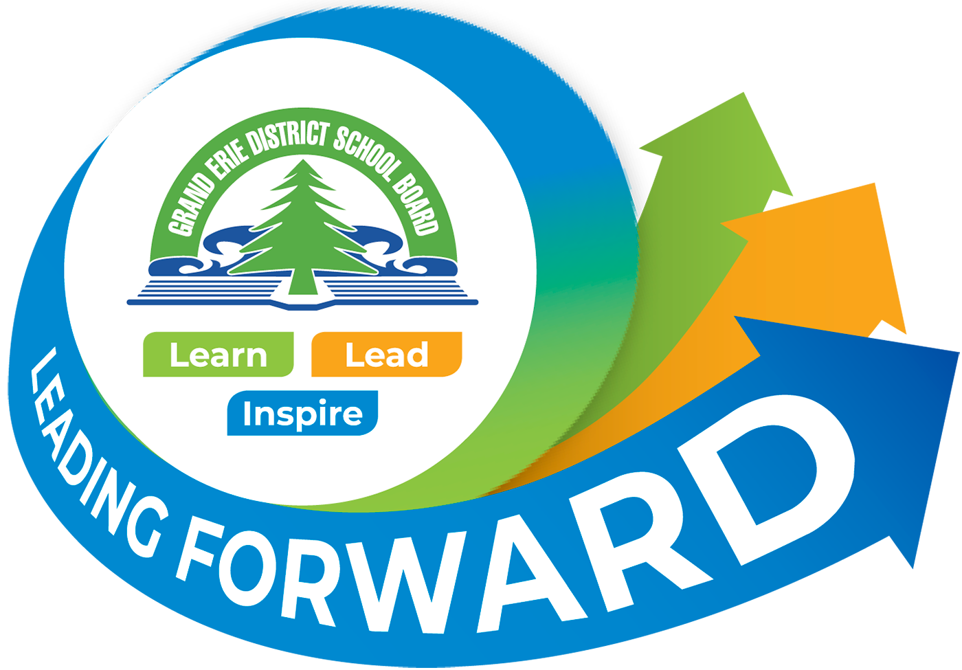 Grand Erie logo wrapped with three arrows, green, orange and blue, pointing to the right with the words Leading Forward